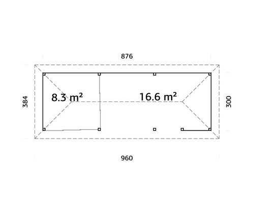Grundrisszeichnung eines Gartenhauses mit den Massen 960 x 876 x 384 x 300 cm und Flächenangaben 8,3 und 16,6 Quadratmeter.