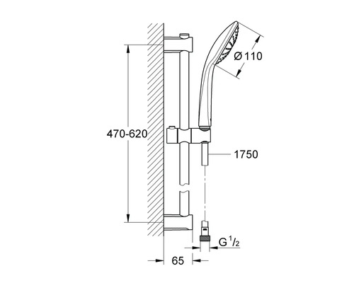 Schéma technique d''une barre de douche avec douchette et indications de dimension