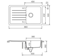 Technische Zeichnung einer Küchenspüle mit Abmessungen.
