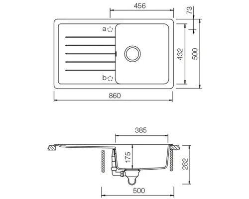 Technische Zeichnung einer Küchenspüle mit Abmessungen.