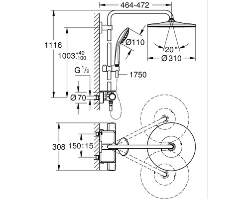 Schéma technique d''un mitigeur de douche avec dimensions