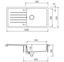 Technische Zeichnung einer Spüle mit Maßangaben