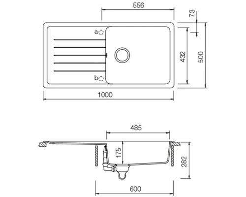 Technische Zeichnung einer Spüle mit Maßangaben