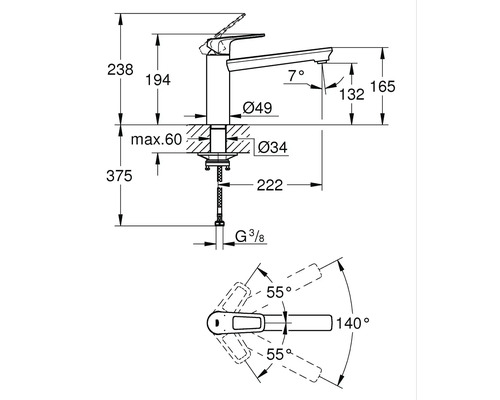 Technische Zeichnung einer Armatur mit Maßangaben