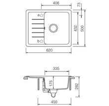 Abmessungen einer Spüle als technische Zeichnung.