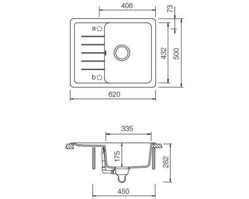 Abmessungen einer Spüle als technische Zeichnung.