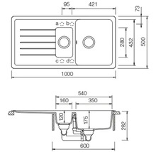 Zeichnung einer Spüle mit Maßangaben