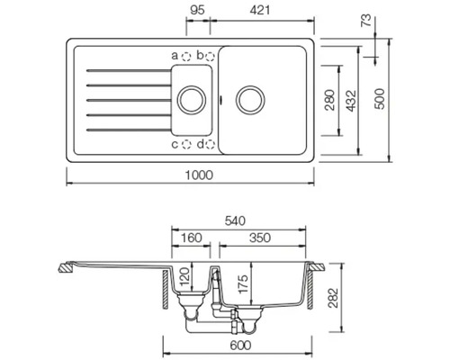 Zeichnung einer Spüle mit Maßangaben