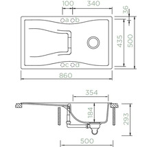Technische Zeichnung einer Spüle mit Maßangaben