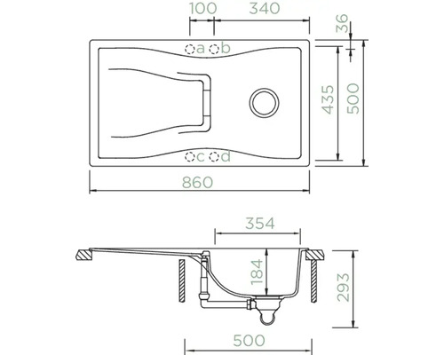 Technische Zeichnung einer Spüle mit Maßangaben