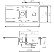 Technische Zeichnung einer Spüle mit Maßen