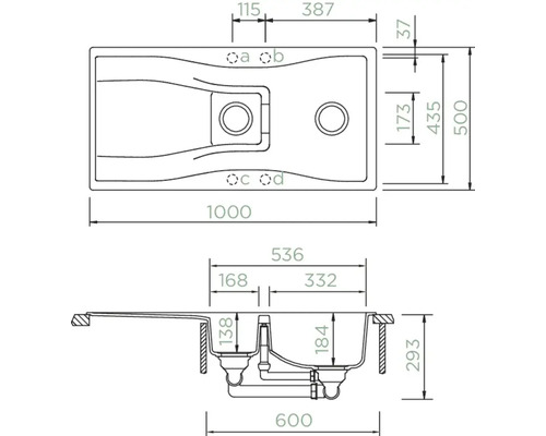 Technische Zeichnung einer Spüle mit Maßen