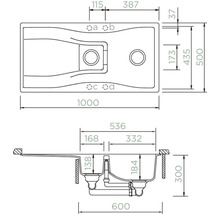 Technische Zeichnung einer Küchenspüle mit Maßangaben