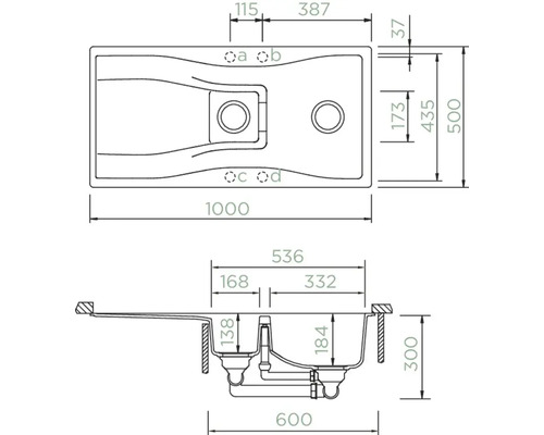 Technische Zeichnung einer Küchenspüle mit Maßangaben