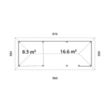 Plan d''un abri de jardin avec indication des surfaces en mètres carrés et des dimensions en centimètres