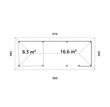 Plan d''un abri de jardin avec indication des surfaces en mètres carrés et des dimensions en centimètres
