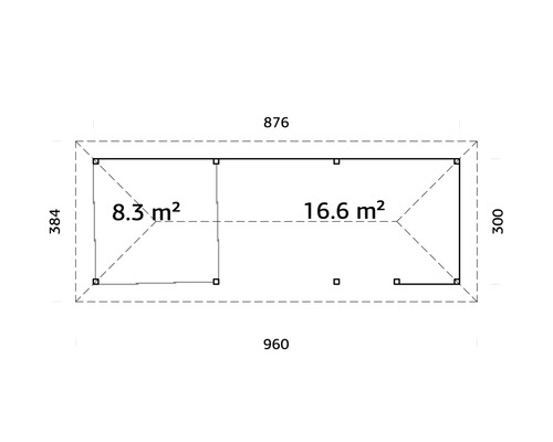 Plan d''un abri de jardin mesurant 960 sur 384 et les dimensions intérieures de 8,3 mètres carrés et 16,6 mètres carrés