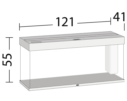 Image des dimensions d''un aquarium Juwel : 121 cm de longueur, 55 cm de hauteur, 41 cm de profondeur