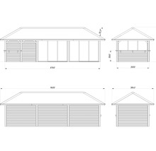 Dessin technique d''une cabane de jardin avec dimensions.
