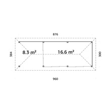 Plan d''un abri de jardin mesurant 960 x 384 cm et d''une superficie de 16.6 m² plus 8.3 m²
