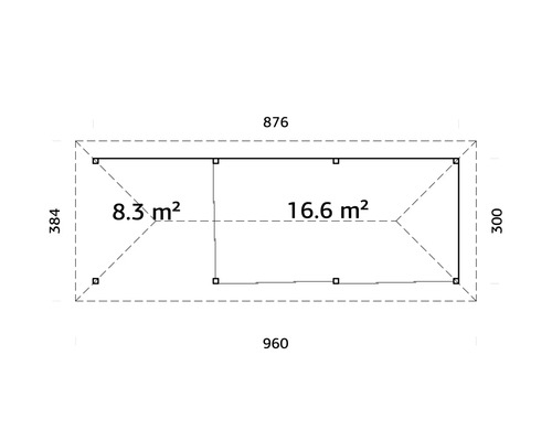 Plan d''un abri de jardin mesurant 960 x 384 cm et d''une superficie de 16.6 m² plus 8.3 m²
