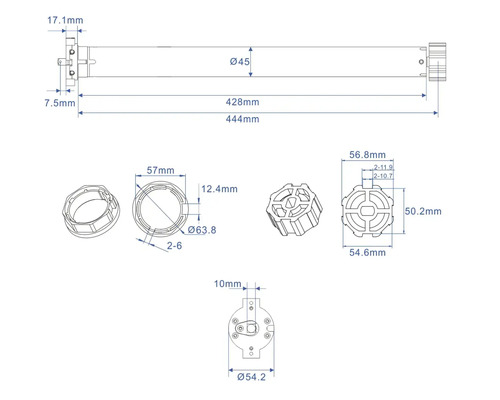Schéma technique d''un moteur tubulaire de volet roulant avec indications de dimension