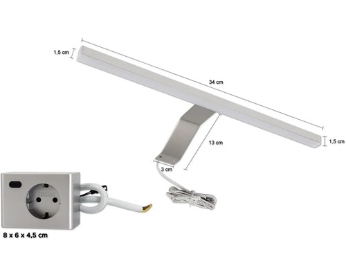 Aufbaulampe mit Stecker und Schalter, Abmessungen 34x8x6x4,5 cm