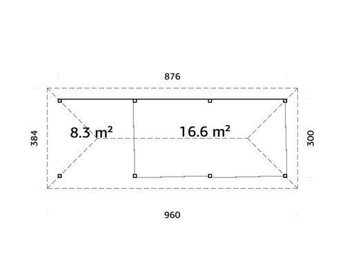 Plan d''un abri de jardin mesurant 960 x 876 x 384 centimètres, avec une superficie de 24,9 mètres carrés