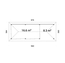 Plan avec cotes d''un abri de jardin: 960 x 384 cm et 876 x 300 cm.