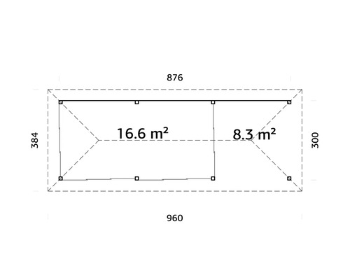Plan avec cotes d''un abri de jardin: 960 x 384 cm et 876 x 300 cm.