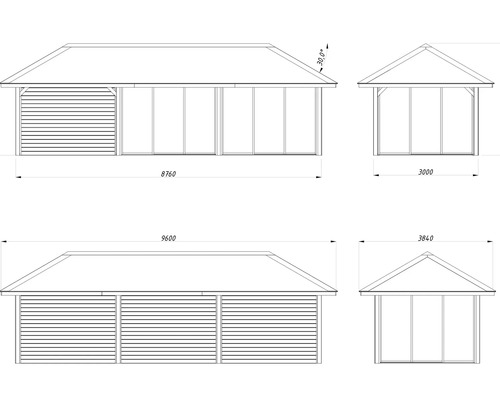 Dessin technique d''une cabane de jardin avec dimensions
