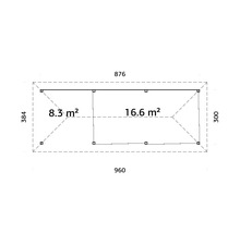 Plan avec des dimensions de 960 sur 384 centimètres et une surface de 8,3 mètres carrés et 16,6 mètres carrés