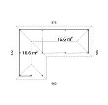 Plan d''un abri de jardin avec des dimensions de 960 x 876 x 672 x 588 et une superficie de 2 x 16,6 mètres carrés