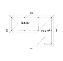 Plan d''un abri de jardin mesurant 876 x 960 x 672 x 588 centimètres et d''une surface de 16,6 mètres carrés