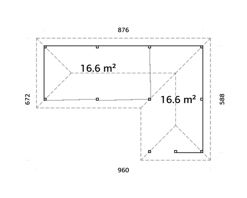 Plan d''un abri de jardin mesurant 876 x 960 x 672 x 588 centimètres et d''une surface de 16,6 mètres carrés