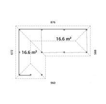 Plan d''un abri de jardin avec des dimensions de 960 x 876 x 672 x 588 et une surface de 2 x 16,6 mètres carrés