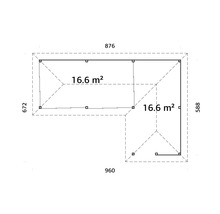 Plan d''un abri de jardin avec des dimensions de 876 x 672 x 960 x 588 et une surface de 16,6 mètres carrés