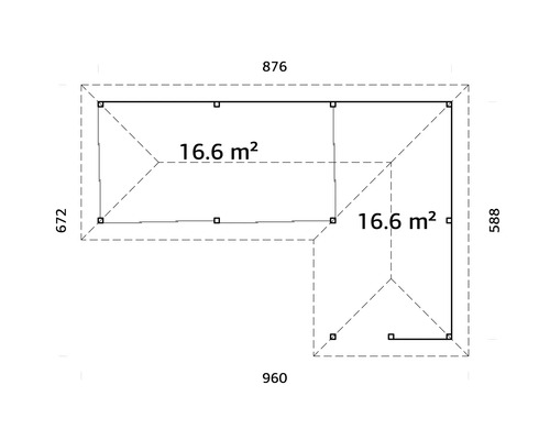 Plan d''un abri de jardin avec des dimensions de 876 x 672 x 960 x 588 et une surface de 16,6 mètres carrés