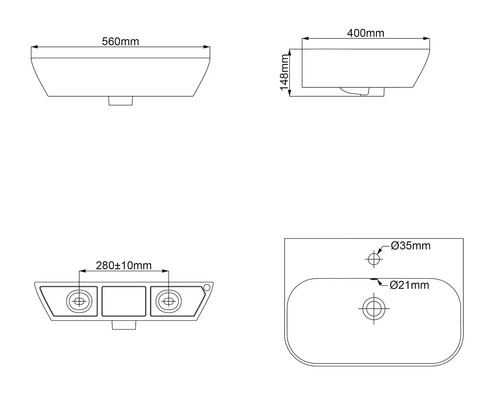 Technische Zeichnung eines Waschbeckens mit Maßangaben