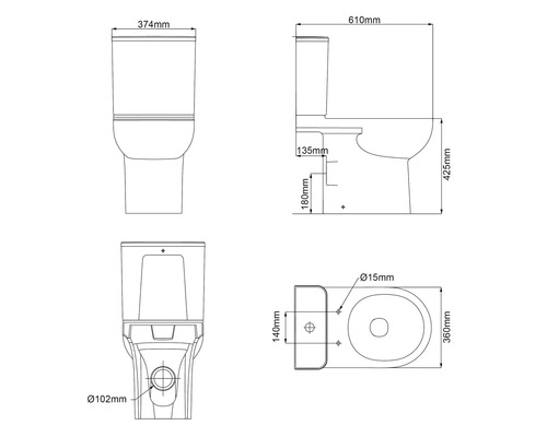 Technische Zeichnung eines Stand WCs mit Maßangaben.