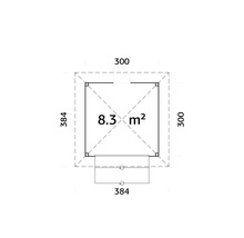 Grundriss mit den Maßen 384 mal 384 und 300 mal 300 sowie einer Fläche von 8,3 Quadratmetern
