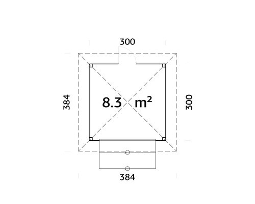 Grundriss mit den Maßen 384 mal 384 und 300 mal 300 sowie einer Fläche von 8,3 Quadratmetern