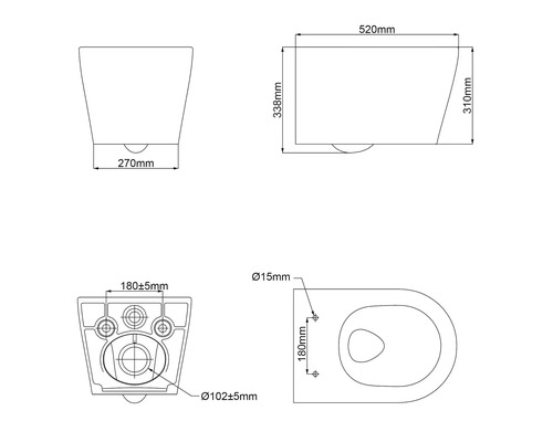 Technische Zeichnung eines Wand-WCs mit Maßangaben