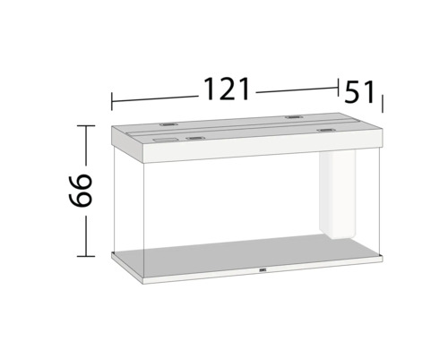 Dimensions d''un aquarium mesurant 121 cm de large, 51 cm de profondeur et 66 cm de haut.