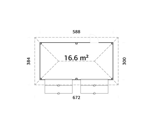 Plan d''un abri de jardin avec des dimensions de 588 sur 672 sur 384 sur 300 et une superficie de 16,6 mètres carrés.