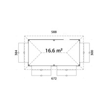 Grundriss eines Gartenhauses mit den Maßen 588 mal 672 Zentimeter und einer Fläche von 16.6 Quadratmetern.