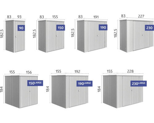 Image de différentes armoires de jardin avec indication des dimensions