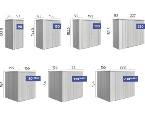 Différentes tailles de cabanes de jardin en métal avec leurs dimensions respectives