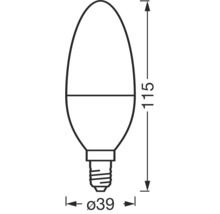 Technische Zeichnung einer Leuchtmittel-Kerze mit den Maßen 115 mm Länge und 39 mm Durchmesser