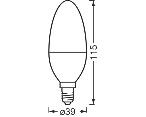 Technische Zeichnung einer Leuchtmittel-Kerze mit den Maßen 115 mm Länge und 39 mm Durchmesser